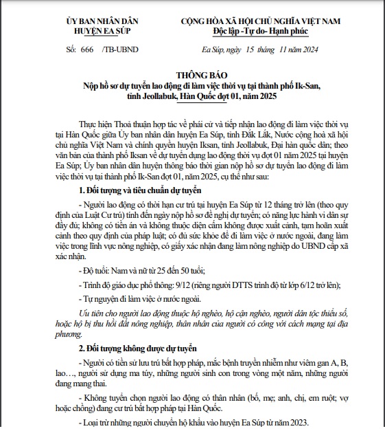 UBND huyện Ea Súp Thông báo Nộp hồ sơ dự tuyển lao động đi làm việc thời vụ tại thành phố Ik-San,  tỉnh Jeollabuk, Hàn Quốc đợt 01, năm 2025